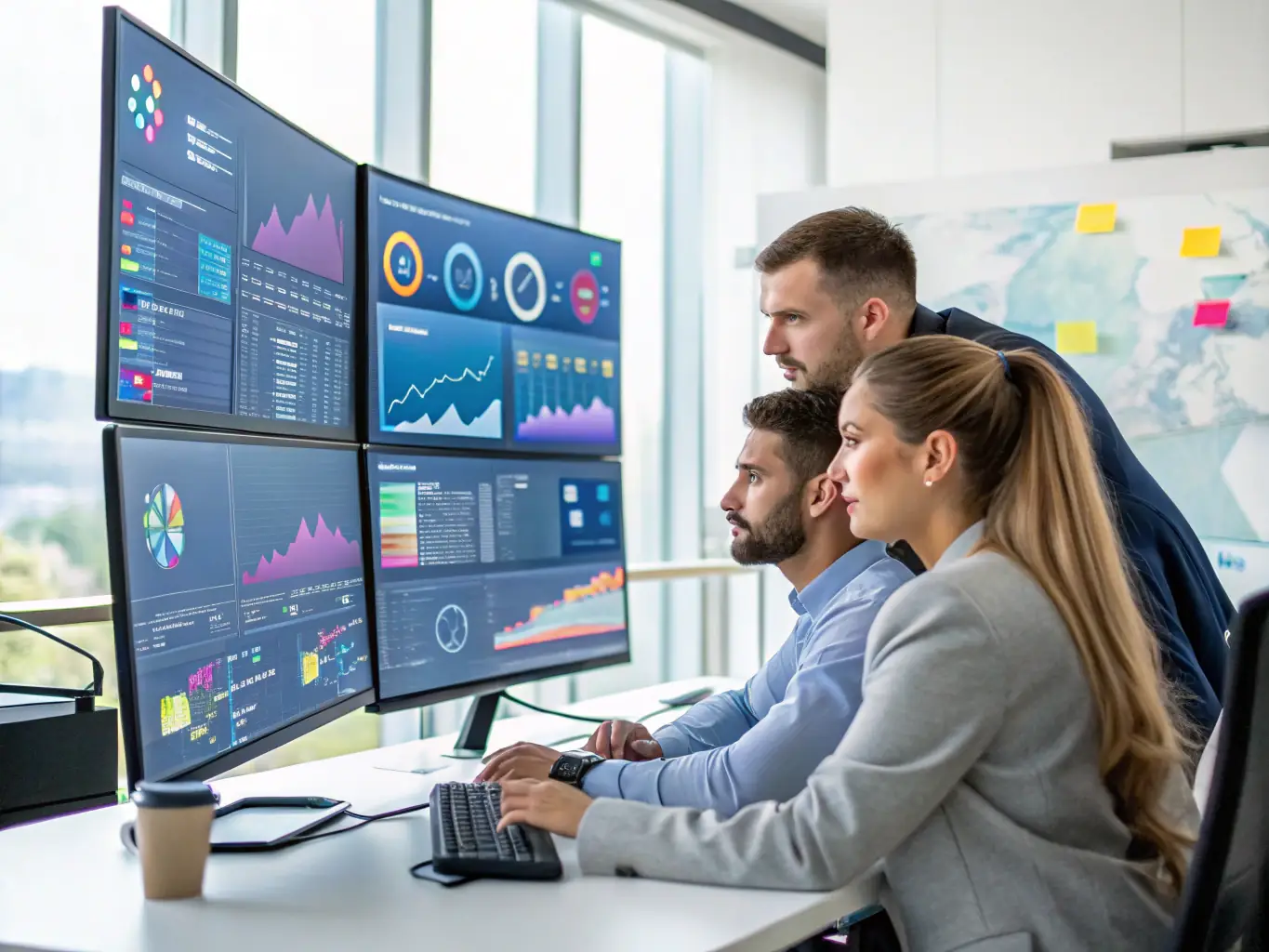 An image showing a team analyzing news feeds and media reports on multiple screens, symbolizing media monitoring and opportunity identification.