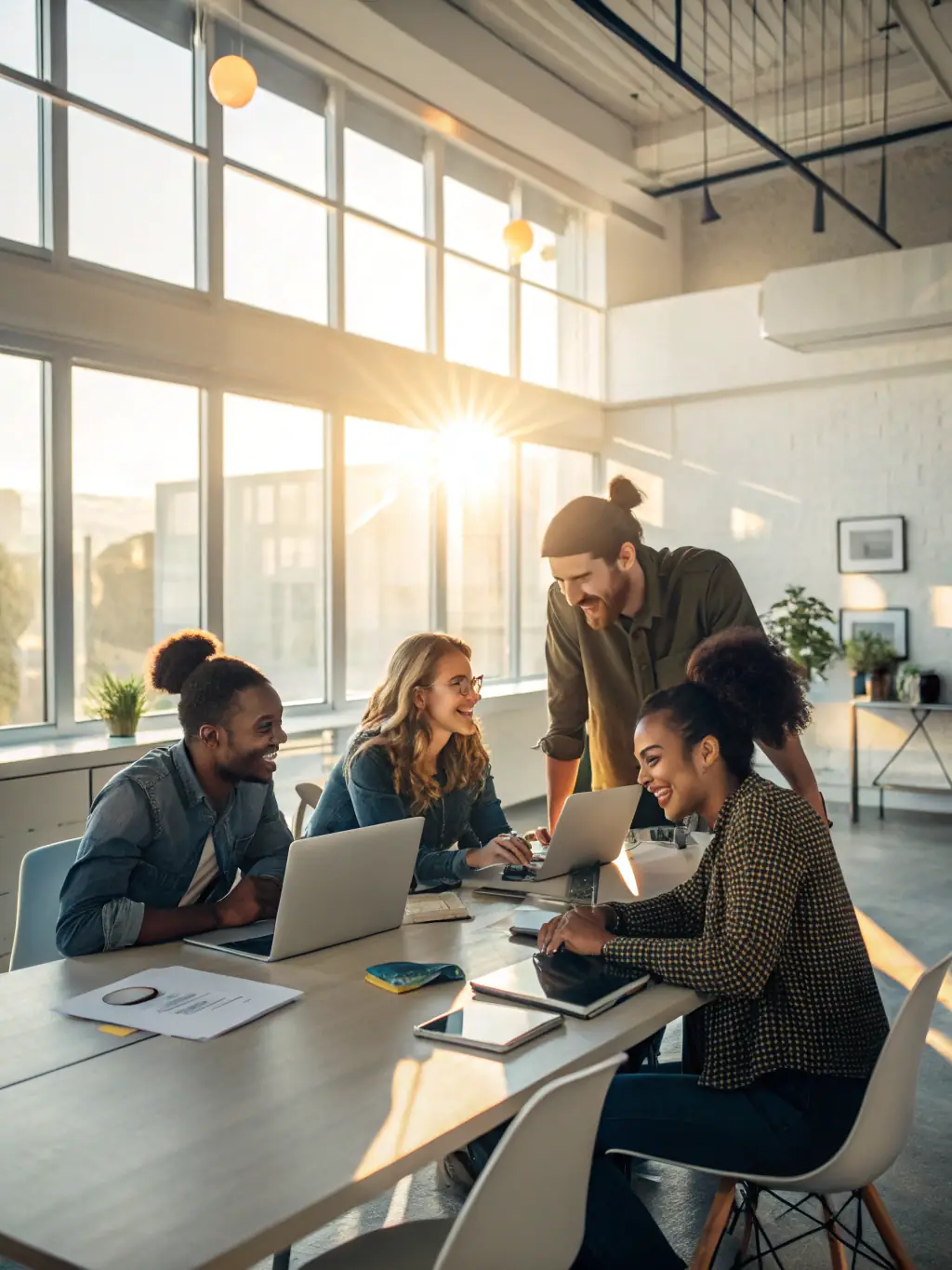 A diverse group of business professionals collaborating in a modern office, brainstorming ideas for media outreach and visibility strategies.
