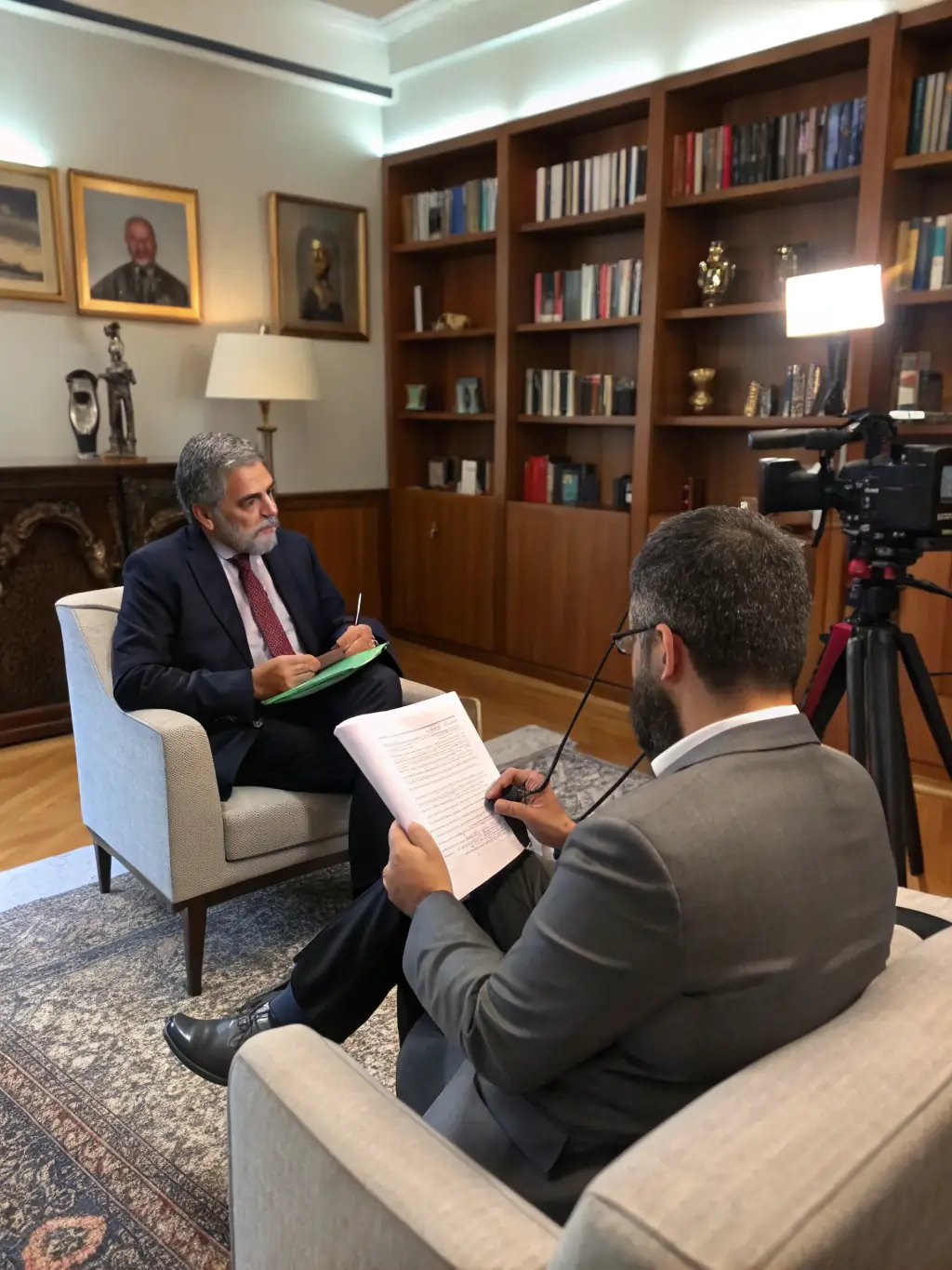 A professional journalist interviewing a business owner in a modern office setting, capturing the essence of media visibility and its impact on the business.